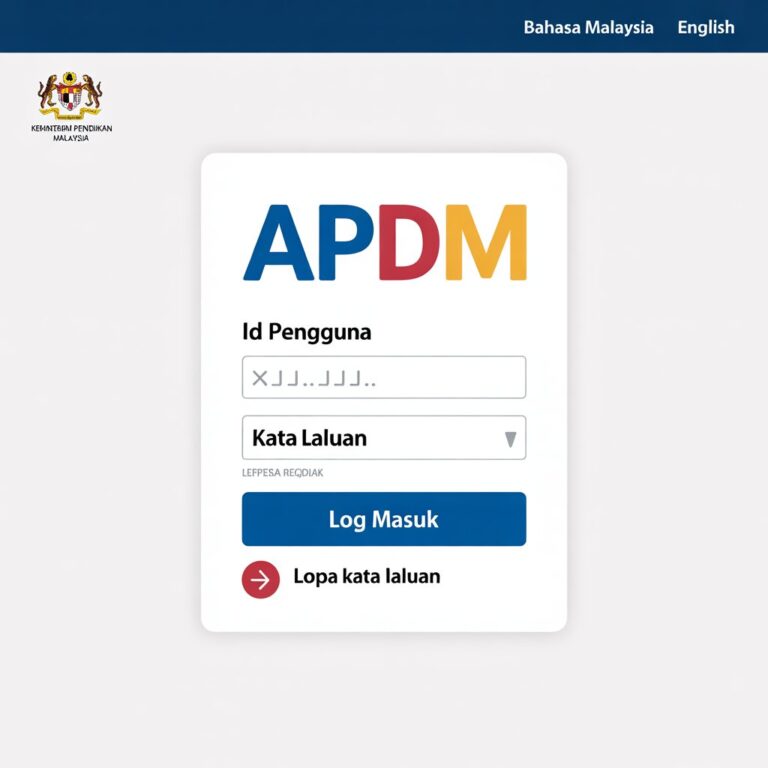 Tangkapan skrin halaman log masuk APDM di apdm.moe.gov.my dengan ID Pengguna dan Kata Laluan